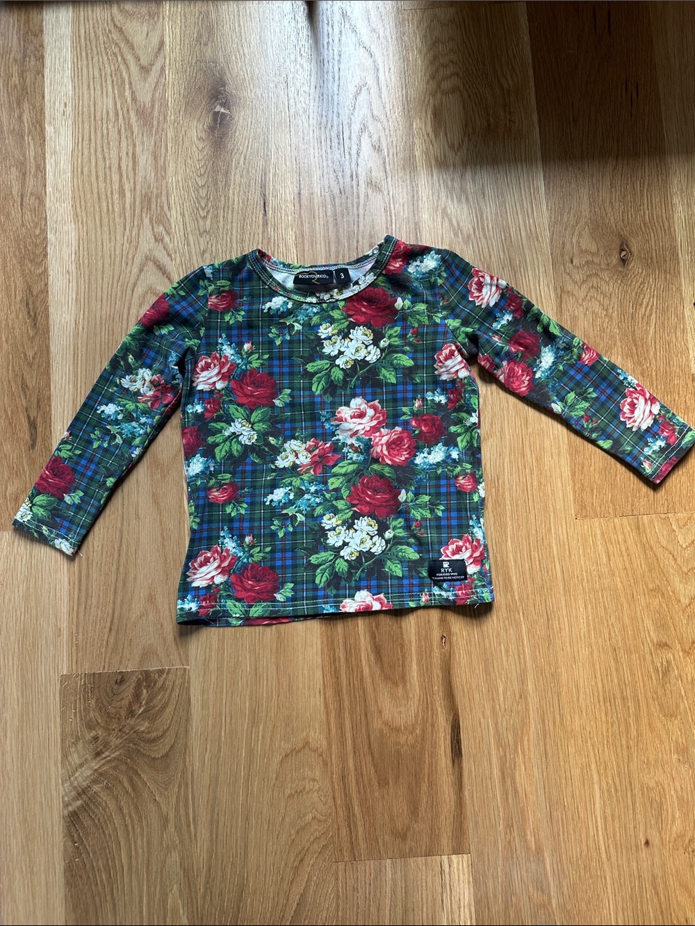 Rock Your Baby Green/Blue Plaid Long-Sleeve Tee with Red Roses